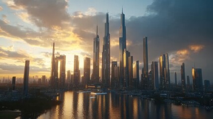 Naklejka premium Majestic Cityscape with Towering Skyscrapers at Sunset with Reflection in River