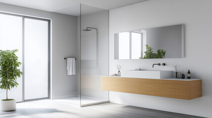 Modern Minimalist Bathroom Interior Design with White Walls and Large Window