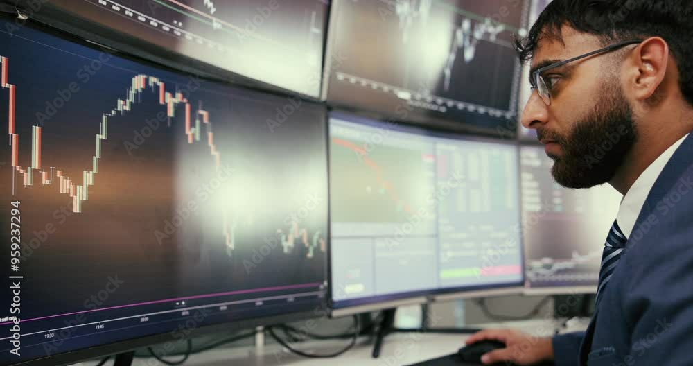 Poster business, man and trading with computer screen for stock market, financial graph and investment perf