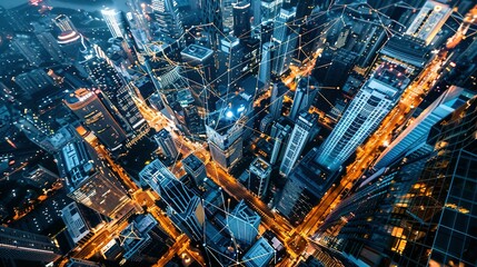 Aerial View of a City at Night with Network Connections