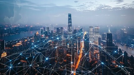 Fototapeta premium Networked Skyline of a Modern City at Night