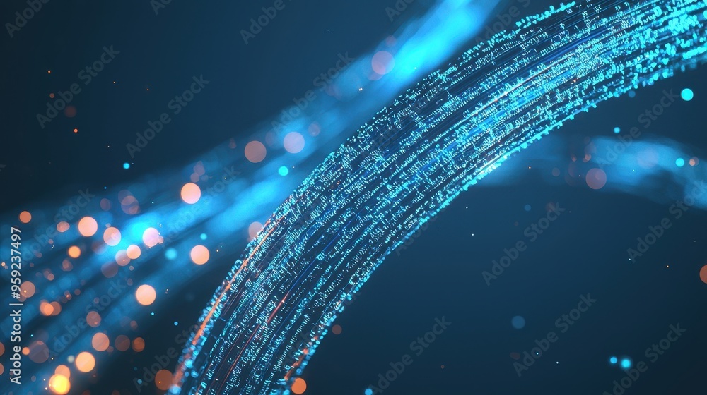 Poster abstract blue digital data flow stream with bokeh lights