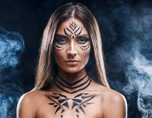 Fototapeta premium Studio Portrait of Woman with Abstract Tribal Body Painting