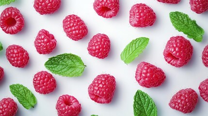 Fresh raspberries and mint leaves arranged on a white background.