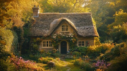 Charming Storybook Cottage Nestled in Autumn Foliage Woodland Landscape