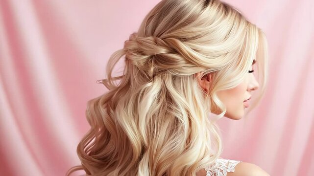 A model showcases a stunning long wavy hairstyle perfect for special occasions, featuring delicate waves and a soft pink backdrop that enhances her elegant look.