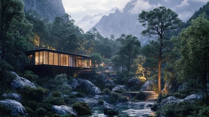 Cozy Cabin Nestled in Serene Mountain Landscape with Flowing Stream