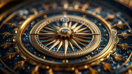 Obraz premium Golden Compass Illustration - Intricate Detail of a Compass with a Gemstone in the Center