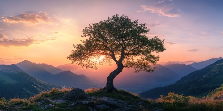 A serene landscape features a tree silhouette against a stunning sunset, framed by majestic mountains and lush fields, embodying natural beauty and offering peace to all who see it