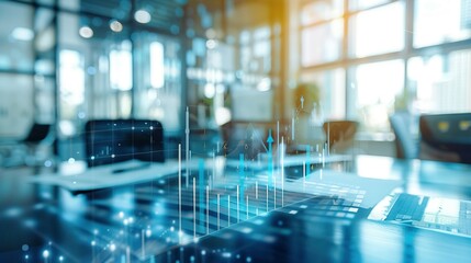 Fototapeta premium Abstract Blurred Office Interior with Financial Charts Overlaid