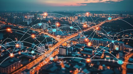 Cityscape with Interconnected Network of Lights at Dusk