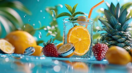 Refreshing Summer Drink with Orange  Pineapple and Strawberry