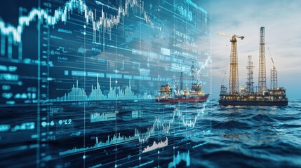 Fototapeta premium Oil Platform with Stock Market Data Overlay