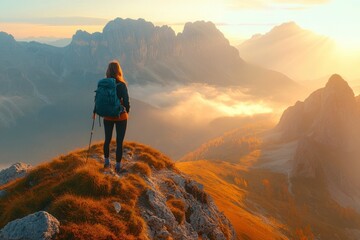 Fototapeta premium Young woman on mountain peak and beautiful mountain valley in haze at colorful sunset in autumn. Dolomites, Italy. Sporty girl, mountain ridges in fog, orange grass, golden sun in fall. Hiking, ai