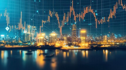 Night Cityscape with Stock Market Candlestick Chart and Network Connection