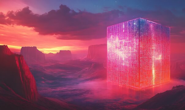 A Digital Monument Glowing Against a Crimson Sky