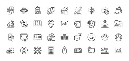 Computer fingerprint, Transform and Influence line icons pack. AI, Question and Answer, Map pin icons. Accounting checklist, Graph, Augmented reality web icon. Vector