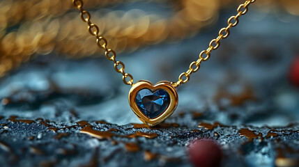 Fototapeta premium Gold Chain with Blue Heart Pendant Necklace Photo