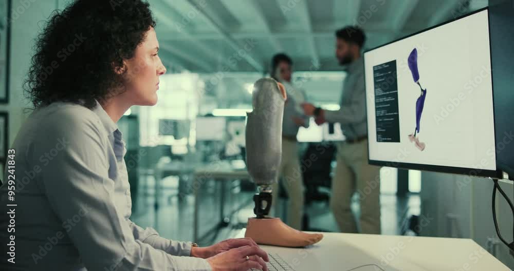 Poster Technology, development and woman at computer screen with prosthetic leg, coding or innovation in laboratory. Future robotics, medical engineering and programmer with data for artificial limb design