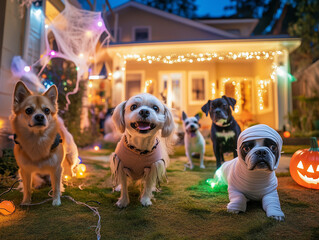 group of dogs in halloween costumes in front of a decorated house