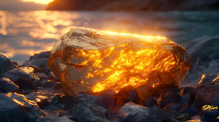 Glowing Golden Rock on a Beach at Sunset - 3D Render