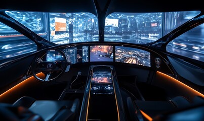 Futuristic Car Interior with Multiple Screens Displaying Cityscapes and Data