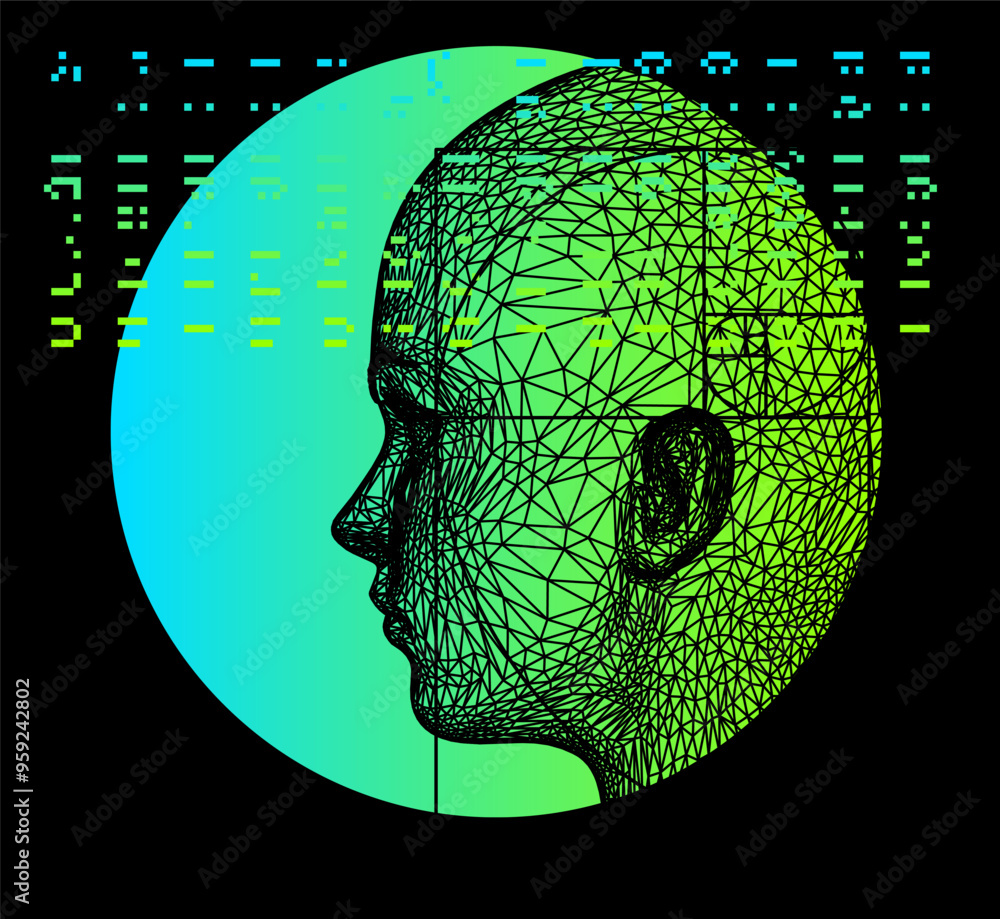 Aufkleber Conceptual technological illustration of 3d head made of mesh on background of holographic circle.