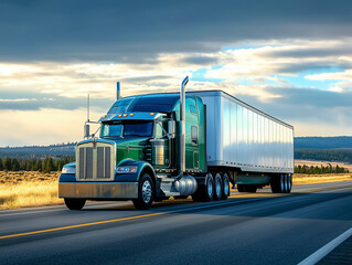 Large Green Semi Truck Driving on Open Highway at Sunset