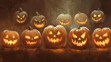 A group of pumpkins with faces carved into them are lit up, AI