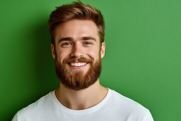 Obraz premium Smiling Young Man with a Beard in Front of a Green Background. Generative AI.