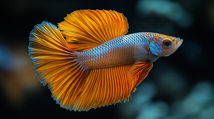 Vibrant orange and blue Betta fish swimming gracefully, close-up of aquatic beauty, tropical fish, exotic fins, colorful scales, underwater photography, pet care, aquarium life.