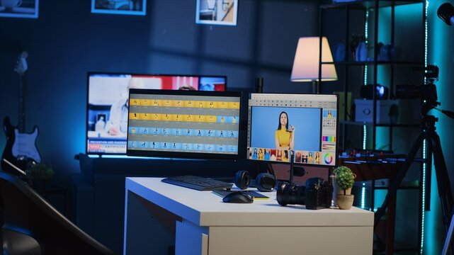 Cutting edge creative office in media company with multi monitor computer setup used for image retouching. Professional post processing studio with editing software interface on PC screens