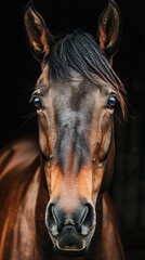A close-up portrait of a brown horse with a black mane looking directly at the camera.