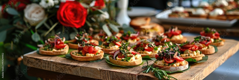 Canvas Prints Close-up of an appetizer presented on a rustic wooden tray atop a floral-decorated table