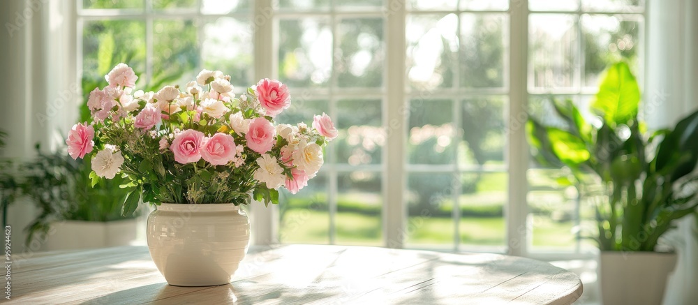 Canvas Prints Pink Roses in a Vase by a Window