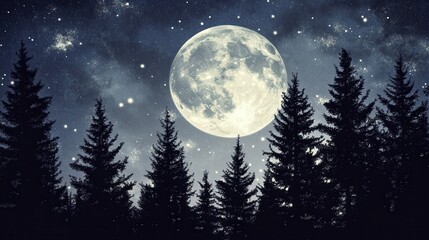 Majestic full moon illuminating starry night sky over pine forest