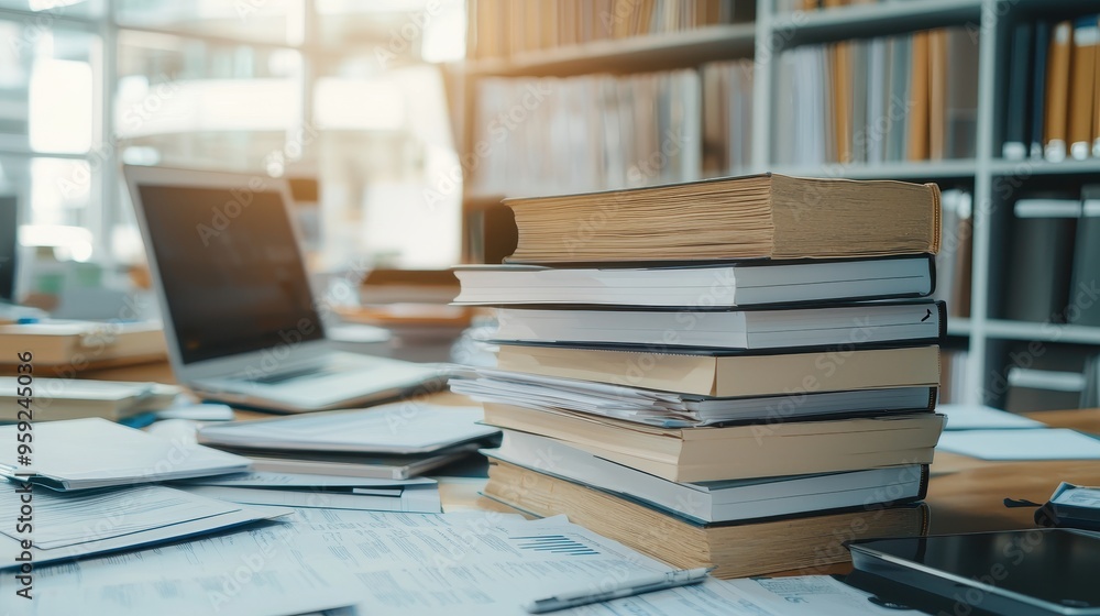 Poster stack of books on a desk in a library or office setting