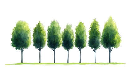 Row of Green Trees, Nature Landscape, Watercolor Art, Greenery Illustration, Forest Scene, Botanical Artwork, Outdoors Painting