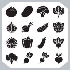 Set of vegetables black silhouette Carrot, potato, tomato, cucumber, onion, garlic, cauliflower, bell pepper, cabbage vector icon in white background.