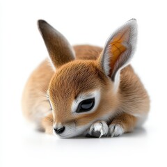 Obraz premium Adorable close-up of a young rabbit resting peacefully. Soft fur, large expressive eyes, and a serene demeanor capture pure cuteness.