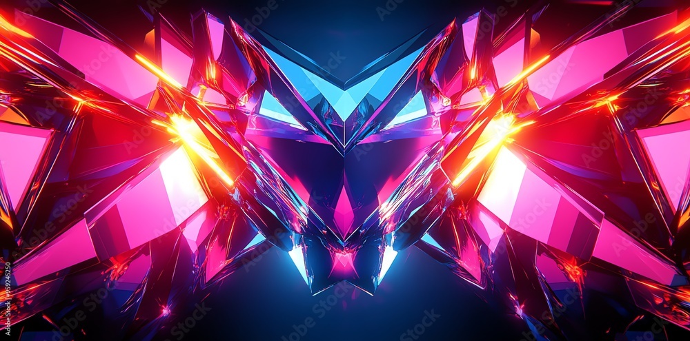 Poster abstract 3d geometric shapes with glowing edges.