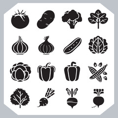 Set of vegetables black silhouette Carrot, potato, tomato, cucumber, onion, garlic, cauliflower, bell pepper, cabbage vector icon in white background.