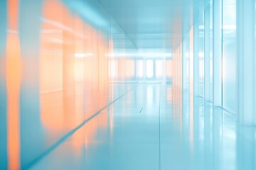 abstract blur modern interior inside entrance building of office in pale blue background with orange light effect concept , ai