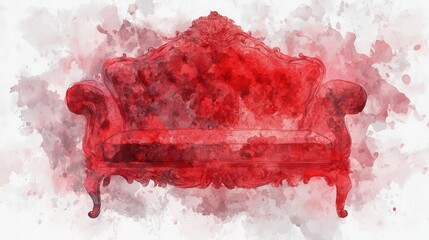 Watercolor Red Ornate Sofa with Splashes