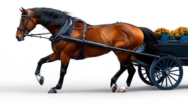 A strong brown horse pulling a cart filled with flowers, showcasing elegance and power in motion against a white background.