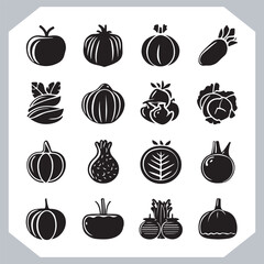 Set of vegetables black silhouette Carrot, potato, tomato, cucumber, onion, garlic, cauliflower, bell pepper, cabbage vector icon in white background.
