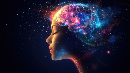 Abstract Brain  Woman s Face  Neon Lights  Dark Background  Cosmic  Imagination