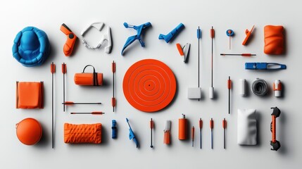 A vibrant collection of orange and blue tools arranged flatly, perfect for showcasing creativity and innovation in design.