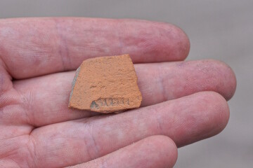 hand holding a piece of brown small old ceramic tile on the street