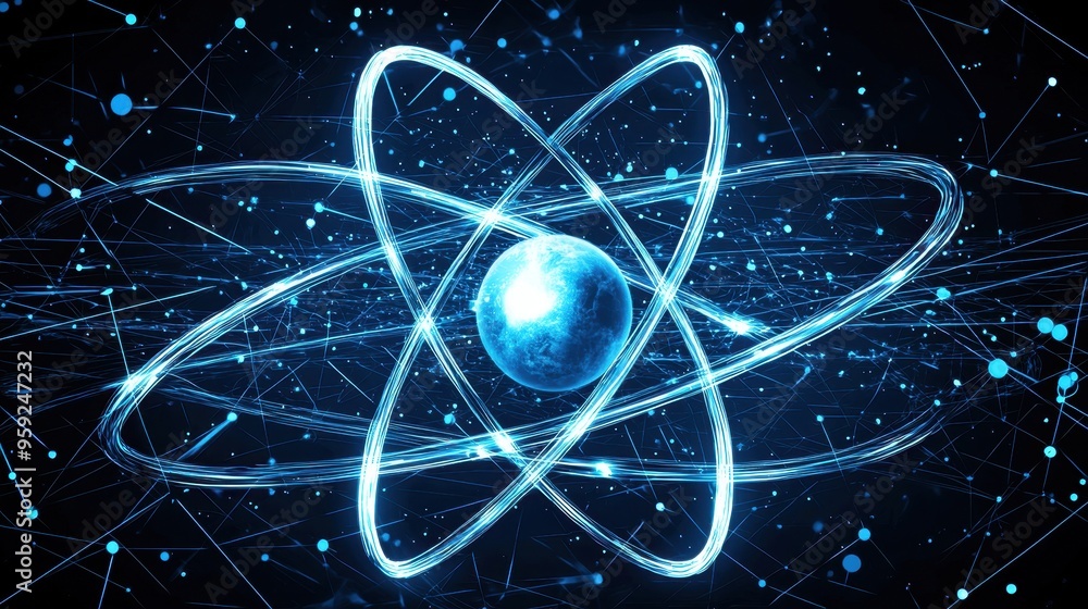 Poster abstract atomic structure with glowing lines and blue dots on black background